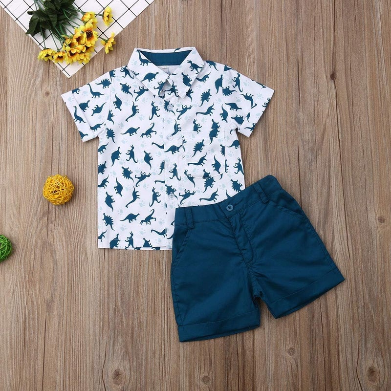 fhutpw Baby Toddler Boy Outfits 2T 3T 4T 5T Clothes Summer Kids Pattern Short Sleeve Button Down Shirt & Shorts Set - Image 2