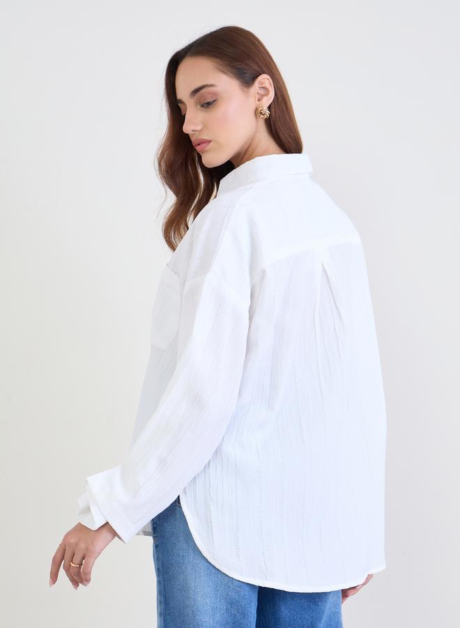 ستايلي بلوزة واسعة بتفاصيل بارزة الملمس مع أكمام بأساور - Image 5