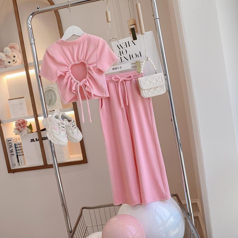 2024 Summer Girls Trendy Korean T-Shirt  Wide-Leg Pants Set Pink Suit