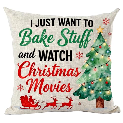 Ramirar I Just Want to Bake Stuff and Watch Christmas Movies Deers Trees Bells Snowflakes Decorative Throw Pillow Cover Case Home Living Room Bed Sofa Car Cotton Linen Square 18 x 18 Inches - Image 1