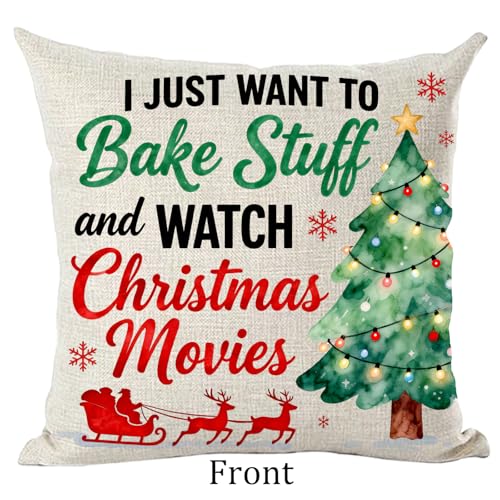 Ramirar I Just Want to Bake Stuff and Watch Christmas Movies Deers Trees Bells Snowflakes Decorative Throw Pillow Cover Case Home Living Room Bed Sofa Car Cotton Linen Square 18 x 18 Inches - Image 2