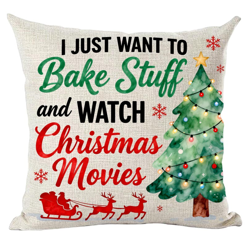 Ramirar I Just Want to Bake Stuff and Watch Christmas Movies Deers Trees Bells Snowflakes Decorative Throw Pillow Cover Case Home Living Room Bed Sofa Car Cotton Linen Square 18 x 18 Inches - Image 5