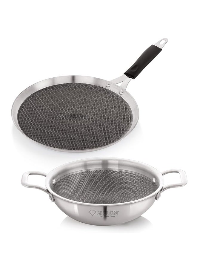 NIRLON Prima Honeycomb Stick Free Triply Stainless Steel Cookware Combo Set of 2Pc |Flat Tawa29cm/Deep Kadai 22cm-2Ltr|Induction and Gas Stove Friendly - Image 2