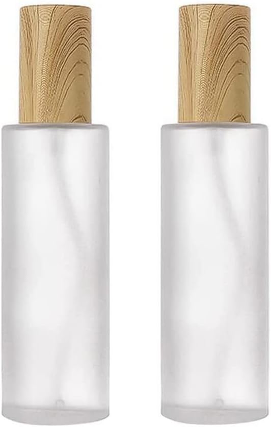 2Pcs 120ml/4oz Clear Frosted Glass Lotion Pump Bottles Empty Refillable Travel Toiletries Container Cosmetic Pump Dispenser Vials with Plastic Wood Grain Lid for Essential Oil Foundation Cream