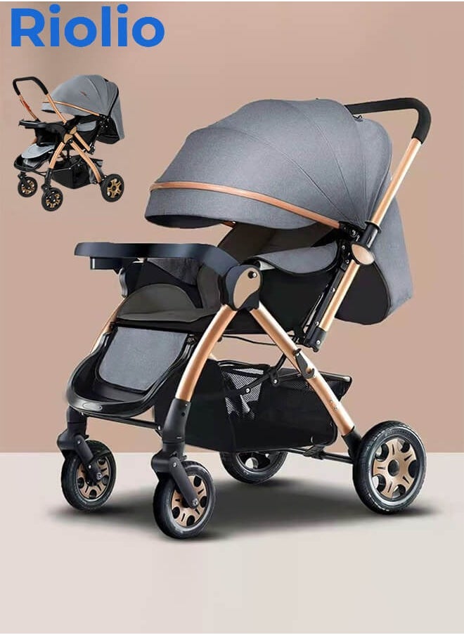 Riolio Two-Way Baby Stroller | Excellent Shock Absorber | Front and Parent Facing | Large Canopy and Seat | 5-Point Harness | Cup Holder | Large Basket | Quick Folding | 0-36 Months |Grey  - Image 1