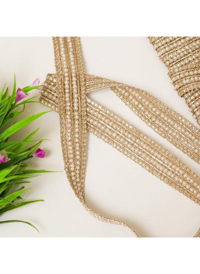 EmbroideryMaterial Light Gold Zari & Gota Patti Sew on Laces and Border Material with Pearls in Middle for Saree Border, Suit, Kurta, Dupatta, Blouse, Gown & Lehenga (2.3 CM Wide, 8 Meters Long) - Image 5