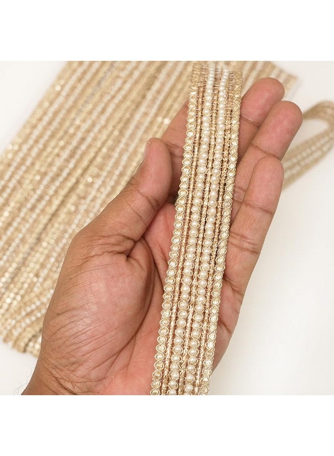 EmbroideryMaterial Light Gold Zari & Gota Patti Sew on Laces and Border Material with Pearls in Middle for Saree Border, Suit, Kurta, Dupatta, Blouse, Gown & Lehenga (2.3 CM Wide, 8 Meters Long) - Image 1