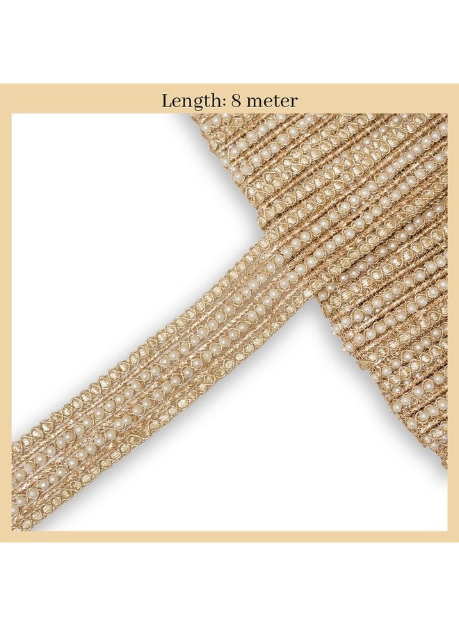 EmbroideryMaterial Light Gold Zari & Gota Patti Sew on Laces and Border Material with Pearls in Middle for Saree Border, Suit, Kurta, Dupatta, Blouse, Gown & Lehenga (2.3 CM Wide, 8 Meters Long) - Image 3