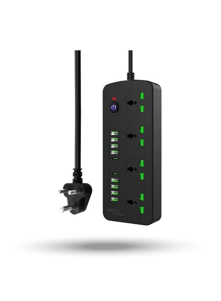Gizga Essentials Power Extension Board 8 USB 4.2A Ports, 2 PD 20W Ports, 4 Universal Thermal Trip Electrical Multi Plug Sockets, Surge Protection, Spike Guard, 3000W 16A, Flame Proof, 2m Cord Length - Image 1