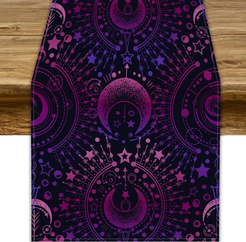 JanJCurt Magical Astrology Table Runner Zodiac Witch Purple Pink Sun Moon Star Print Table Cover for Home Dining Kitchen Table Picnic Party Indoor Outdoor 13x70inch - Image 1