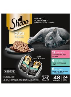Sheba Perfect Portions Cuts In Gravy Adult Wet Cat Food Trays (24 Count, 48 Servings), Gourmet Salmon, Sustainable Tuna, And Delicate Whitefish & Tuna Entrée, Easy Peel TwinPack  - Image 1