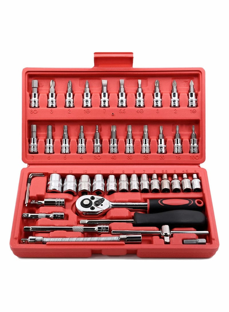 Y&D 46 Pcs Drive Socket Ratchet Wrench Set with Bit Metric and Extension Bar for Auto Repairing Automobile Motorcycle Hardware Tool Combination Suit Household Storage Case  - Image 1