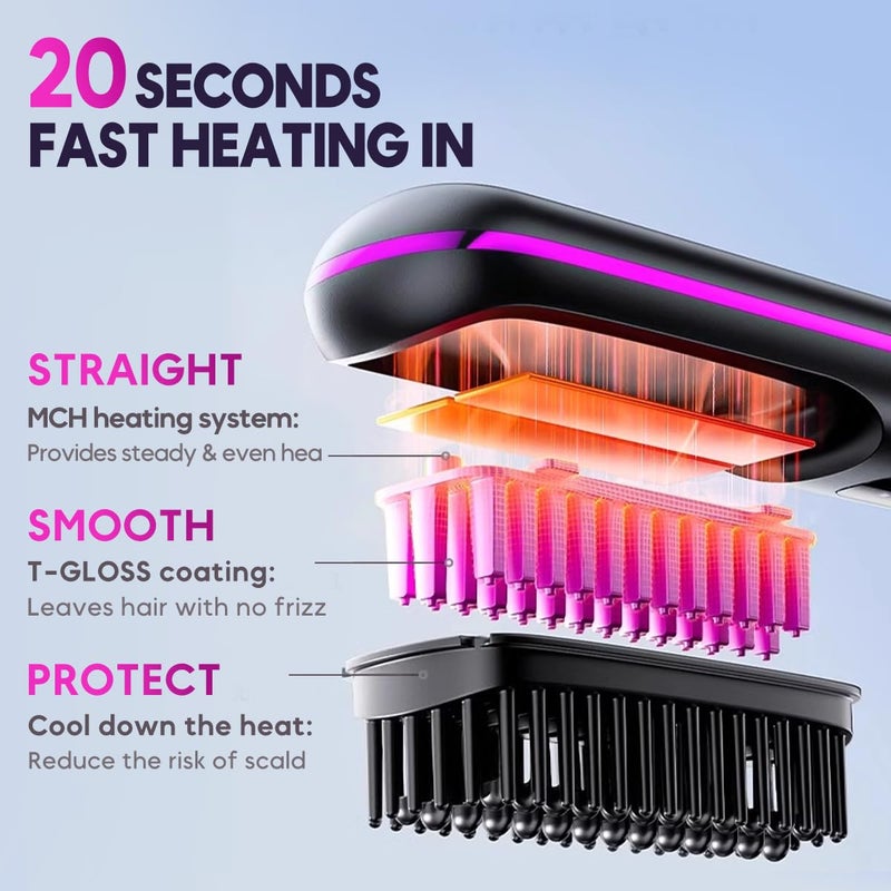 Portable Cordless Hair Straightener Brush With LCD Temperature Display Fast Heating Purple - Image 3