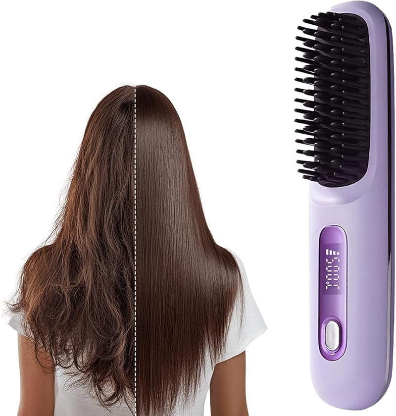 Portable Cordless Hair Straightener Brush With LCD Temperature Display Fast Heating Purple - Image 1