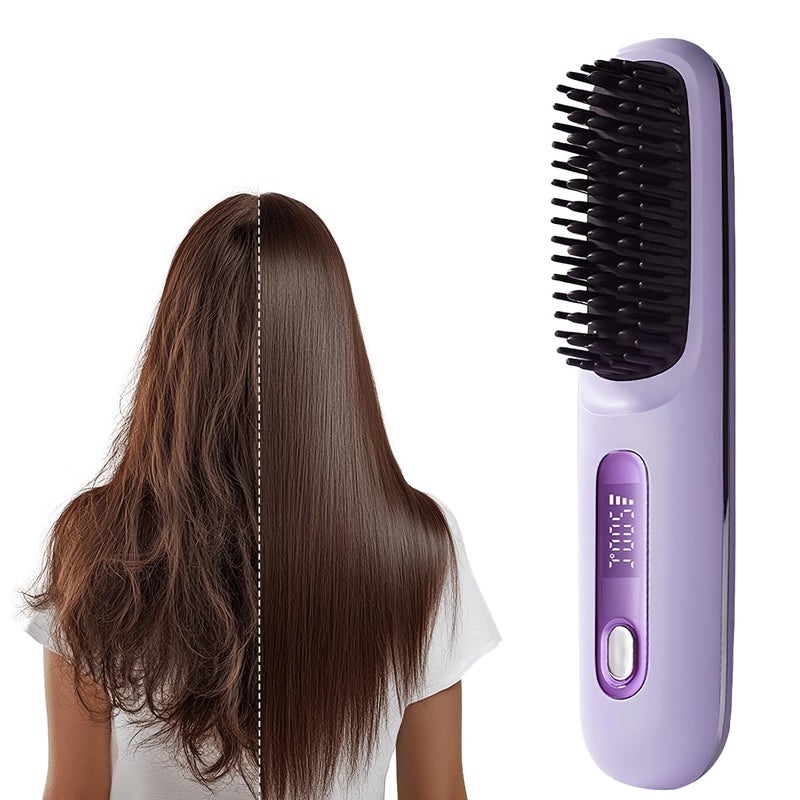 Portable Cordless Hair Straightener Brush With LCD Temperature Display Fast Heating Purple - Image 2