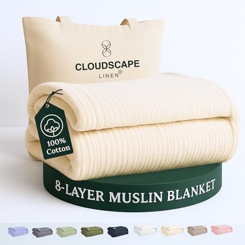 CloudScape Linen Cloud Scape Linen 8-Layer Muslin Blanket Queen Size - 100% Cotton, Soft and Breathable, Oversized Winter Blanket, Fits up to Full Size Bed, 92x92, Ivory - Image 1