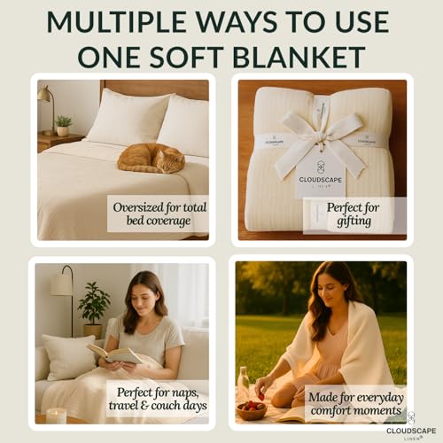 CloudScape Linen Cloud Scape Linen 8-Layer Muslin Blanket Queen Size - 100% Cotton, Soft and Breathable, Oversized Winter Blanket, Fits up to Full Size Bed, 92x92, Ivory - Image 5