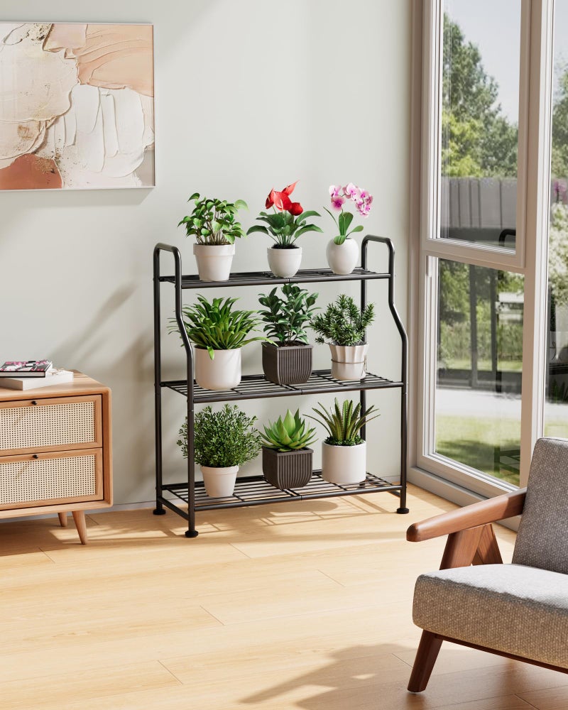 Kitsure Plant Stand Indoor & Outdoor - 3-Tier Metal Plant Shelf with Adjustable Leveling Feet, Easy to Assemble Planter Stand for Patio, Balcony, or Garden (Black, 27" x 11.4" x 29.3") - Image 4