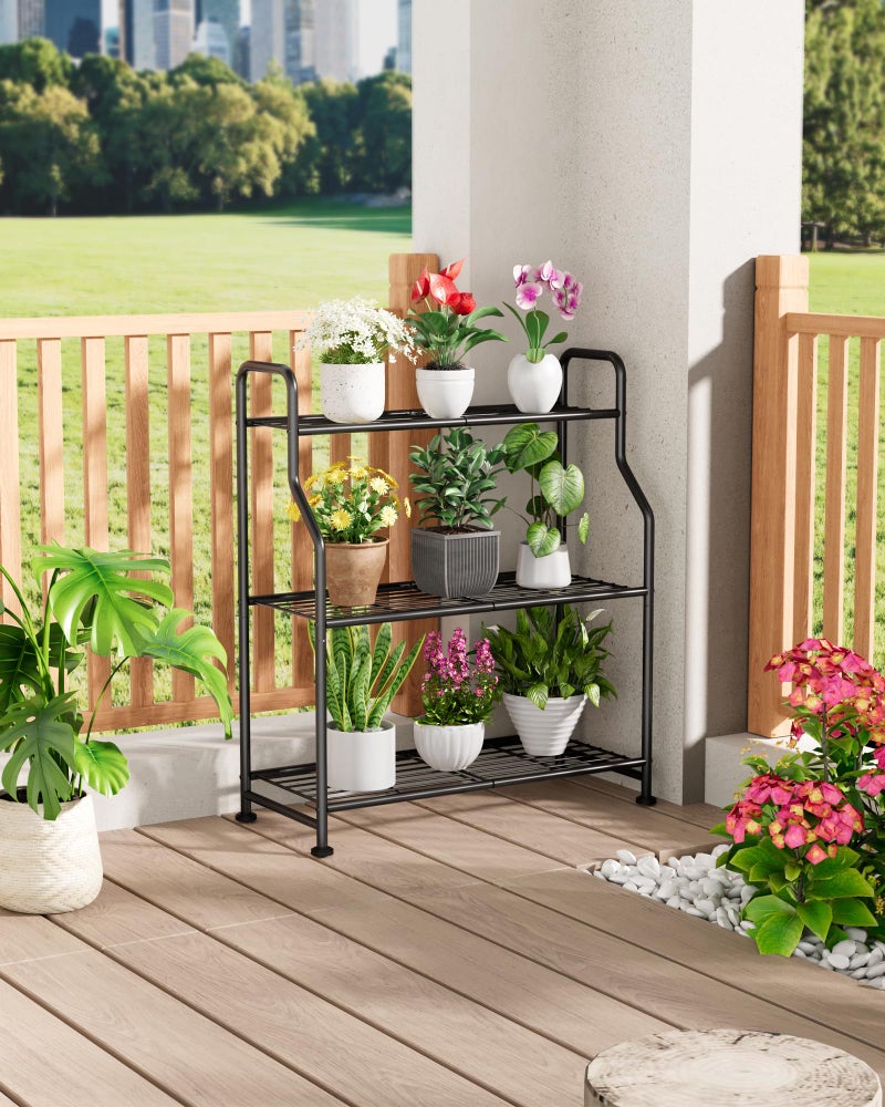Kitsure Plant Stand Indoor & Outdoor - 3-Tier Metal Plant Shelf with Adjustable Leveling Feet, Easy to Assemble Planter Stand for Patio, Balcony, or Garden (Black, 27" x 11.4" x 29.3") - Image 5