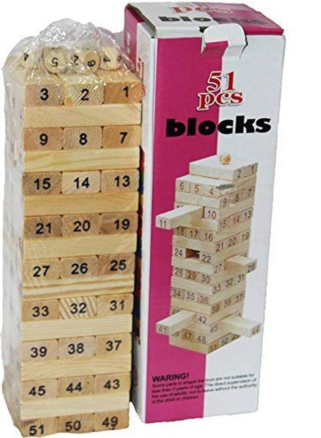 Generic Brand Mahi Enterprise? 51 Pcs Blocks 4 Dices Wooden Numbered Building Bricks Stacking Classic Traditional Toppling Tumbling Tower Game Kid Gift - Challenging Maths for Adults and Kids - Image 1