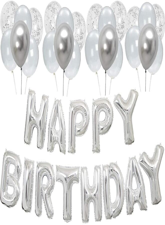 Secret Silver Happy Birthday Balloons Banner Bunting 16 inch Letters Foil & 20 Pack Large 12 Inch Latex Ballloons for Birthday Party Decorations Supplies