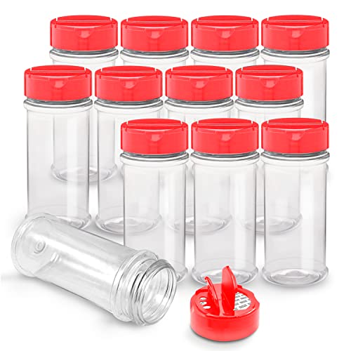 RoyalHouse 12 Pack 5.5 Oz Plastic Spice Jars with Red Cap, Clear and Safe Plastic Bottle Containers with Shaker Lids for Storing Spice, Herbs and Seasoning Powders, BPA Free, Made in USA - Image 1