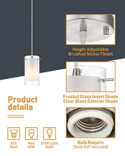 AKEZON 1-Light Pendant Light, Indoor Glass Hanging Light Fixture, Adjustable Height, Brushed Nickel Finish for Kitchen Dining Room, KP-506 - Image 5