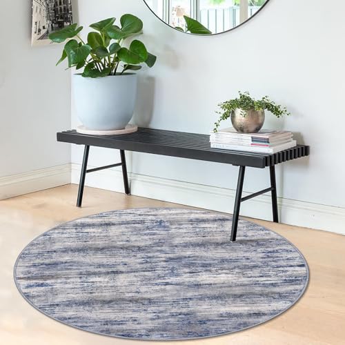 KOZYFLY Modern Abstract Circle Rug 3Ft, Washable Kitchen Round Rug Non-Slip Soft Small Bathroom Rug, Grey-Blue Striped Entryway Rugs Faux Wool Doormat for Bedside Entrance Bedroom Sink - Image 1
