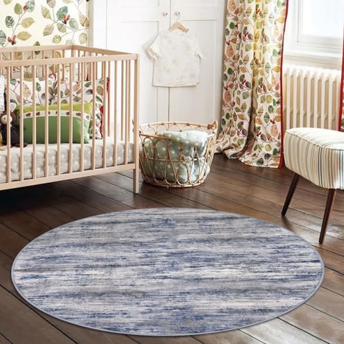 KOZYFLY Modern Abstract Circle Rug 3Ft, Washable Kitchen Round Rug Non-Slip Soft Small Bathroom Rug, Grey-Blue Striped Entryway Rugs Faux Wool Doormat for Bedside Entrance Bedroom Sink - Image 4