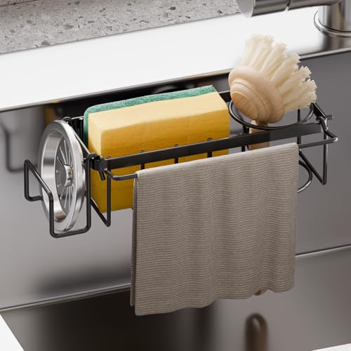 TAILI Sponge Holder with Strong Suction Cup 4in1 Rustproof Sink Organizer Sink Caddy Holds Sponges Brushes Stoppers Scrapers Black - Image 1