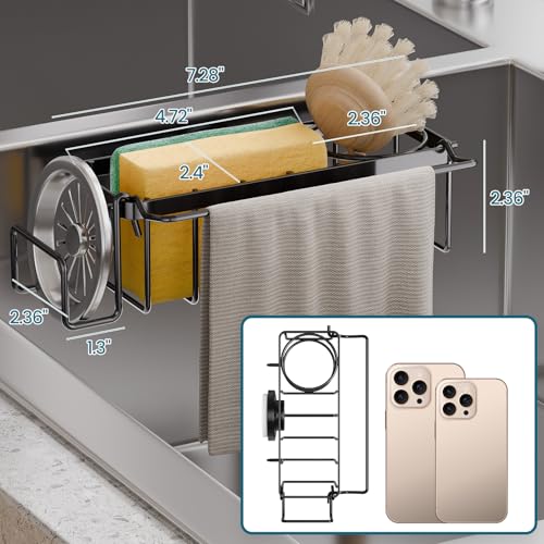 TAILI Sponge Holder with Strong Suction Cup 4in1 Rustproof Sink Organizer Sink Caddy Holds Sponges Brushes Stoppers Scrapers Black - Image 3