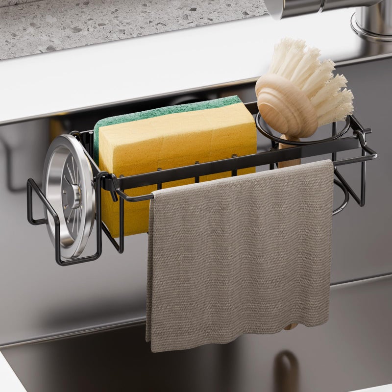 TAILI Sponge Holder with Strong Suction Cup 4in1 Rustproof Sink Organizer Sink Caddy Holds Sponges Brushes Stoppers Scrapers Black - Image 2