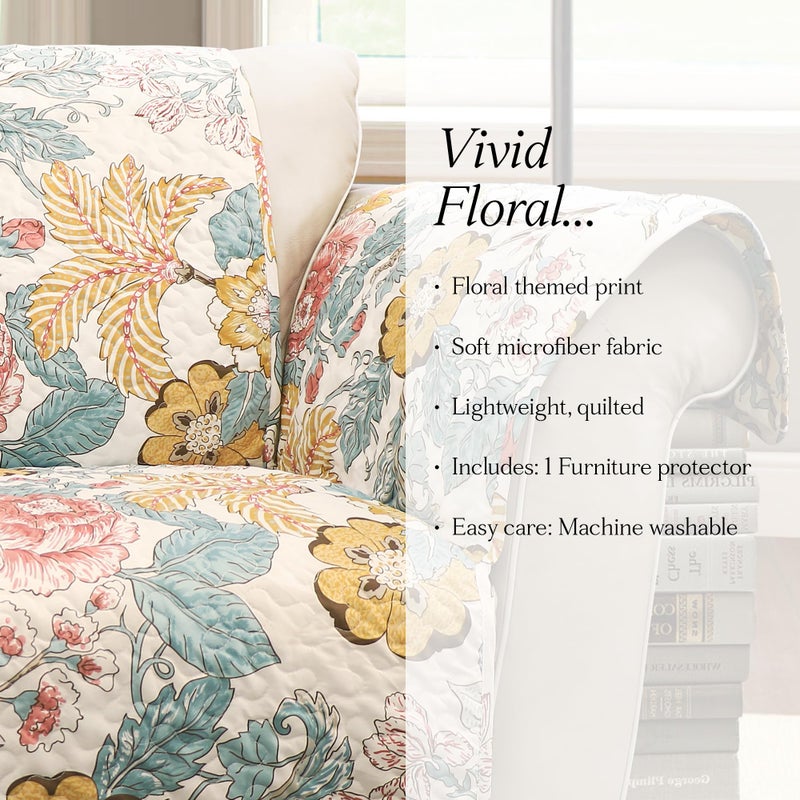 Lush Decor Sydney Furniture Protector, Couch Cover, 116" W x 75" L, Blue & Yellow - Flower Leaf Garden - Quilted Floral Sofa Cover - Country Cottage Slipcover - Pet Couch Covers - Image 5
