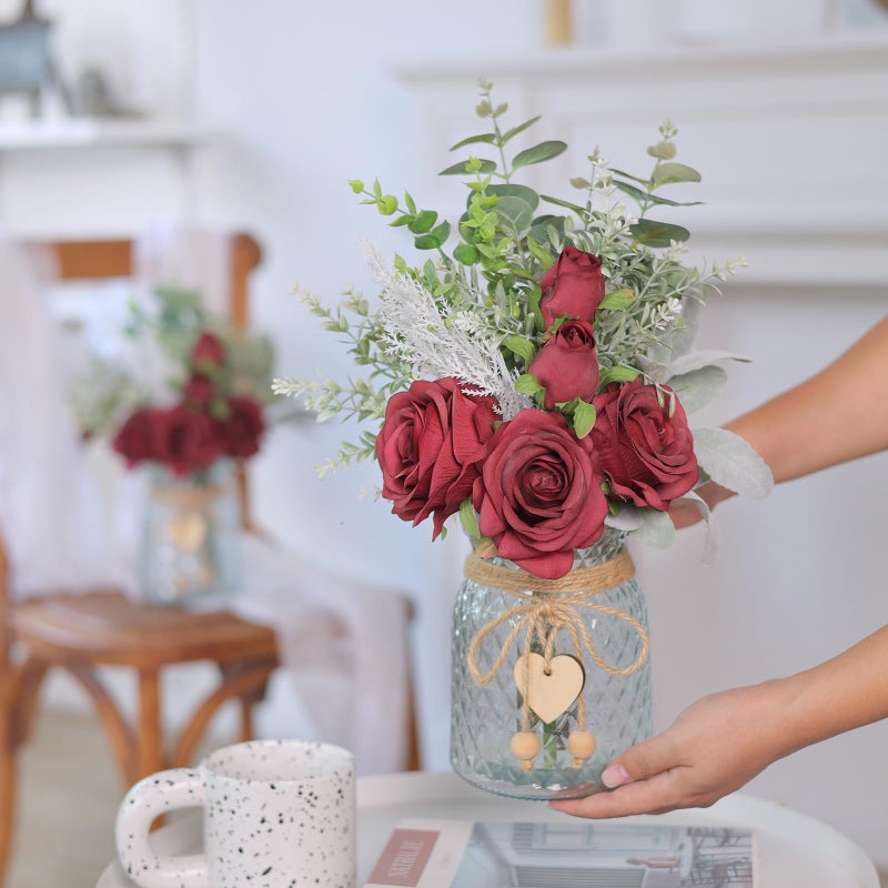 VIERENA Faux Flowers with Vase,Artificial Silk Roses in Vase, Fake Plant Eucalyptus Flower Arrangement for Home Office Farmhouse Bathroom Dining Table Centerpiece Decorations Coffee Table Decor (Burgundy) - Image 4