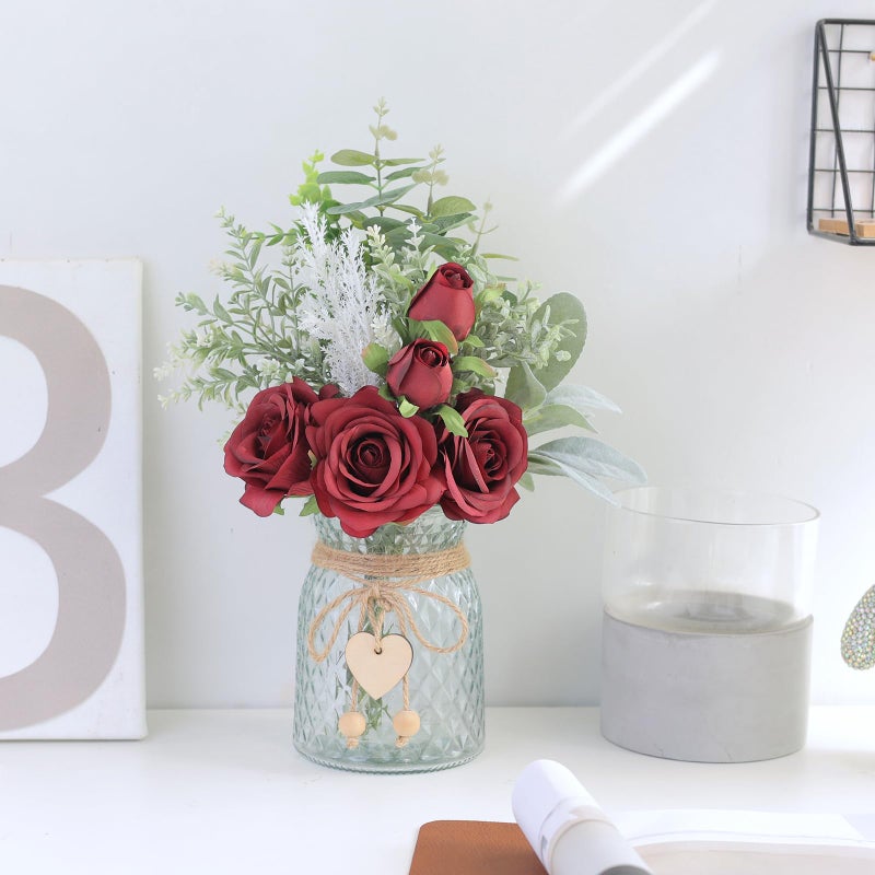 VIERENA Faux Flowers with Vase,Artificial Silk Roses in Vase, Fake Plant Eucalyptus Flower Arrangement for Home Office Farmhouse Bathroom Dining Table Centerpiece Decorations Coffee Table Decor (Burgundy) - Image 5