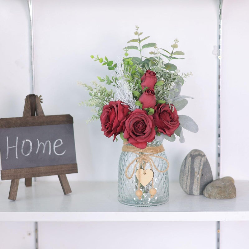 VIERENA Faux Flowers with Vase,Artificial Silk Roses in Vase, Fake Plant Eucalyptus Flower Arrangement for Home Office Farmhouse Bathroom Dining Table Centerpiece Decorations Coffee Table Decor (Burgundy) - Image 3
