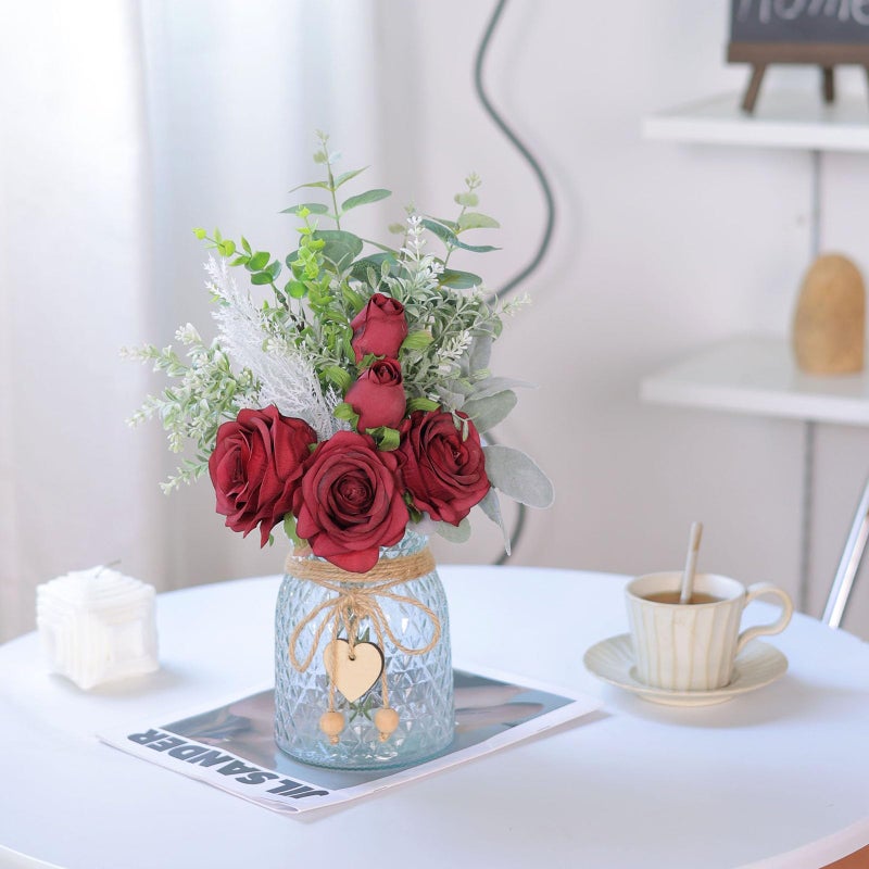 VIERENA Faux Flowers with Vase,Artificial Silk Roses in Vase, Fake Plant Eucalyptus Flower Arrangement for Home Office Farmhouse Bathroom Dining Table Centerpiece Decorations Coffee Table Decor (Burgundy) - Image 2