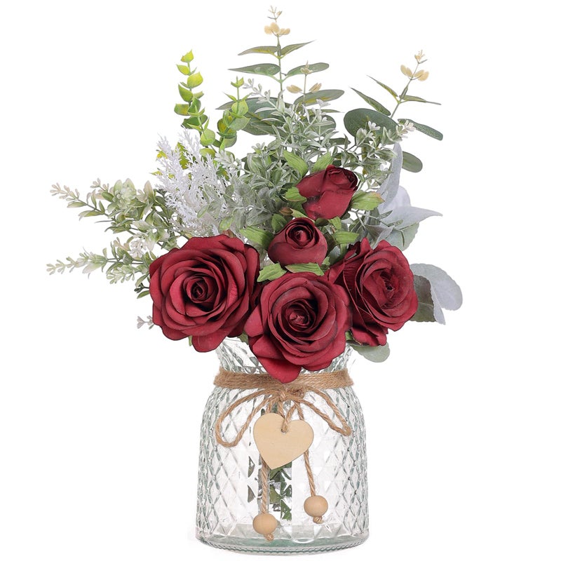 VIERENA Faux Flowers with Vase,Artificial Silk Roses in Vase, Fake Plant Eucalyptus Flower Arrangement for Home Office Farmhouse Bathroom Dining Table Centerpiece Decorations Coffee Table Decor (Burgundy) - Image 1