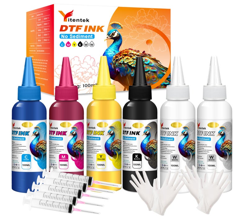 Yitentek No Sediment DTF Ink for Epson ET-8550, ET-2850, L1800, R1390, I3200, XP600, XP-15000, DX5 DX7, TX800, L800, 1430, P400, DTF Transfer Ink Conversion Kit for All DTF Printers (100ml x 6, 2Wh+CMYK) - Image 1