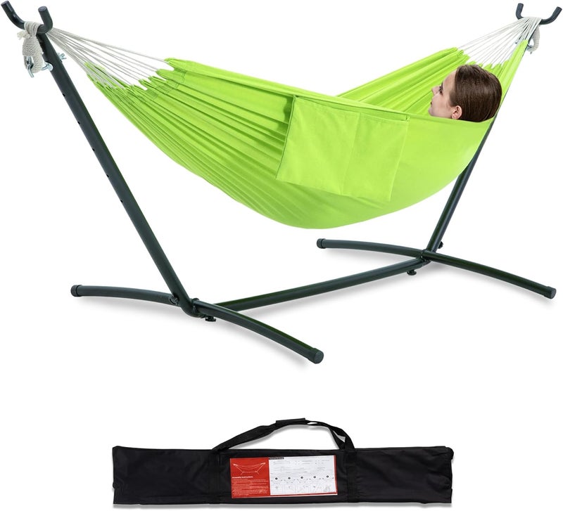 PNAEUT Double Hammocks with Stand for Outside, Portable Space Saving Heavy-Duty Steel Stand for Indoor Outdoor Patio with Carrying Bag, 450 lbs Capacity (Green) - Image 1