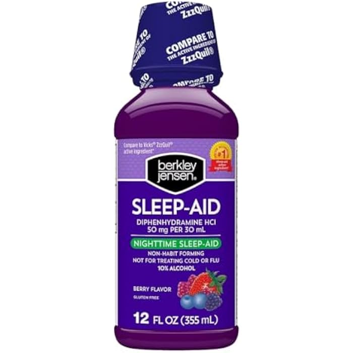 Berkley Jensen Berkley Jesen Nighttime Sleep Aid Liquid - Fast Acting Diphenhydramine 50mg HCL Sleeping Aid for Sleeplessness - Non-Habit Forming, Gluten Free, Berry-Flavored Sleep Support - 12 fl oz - Image 1