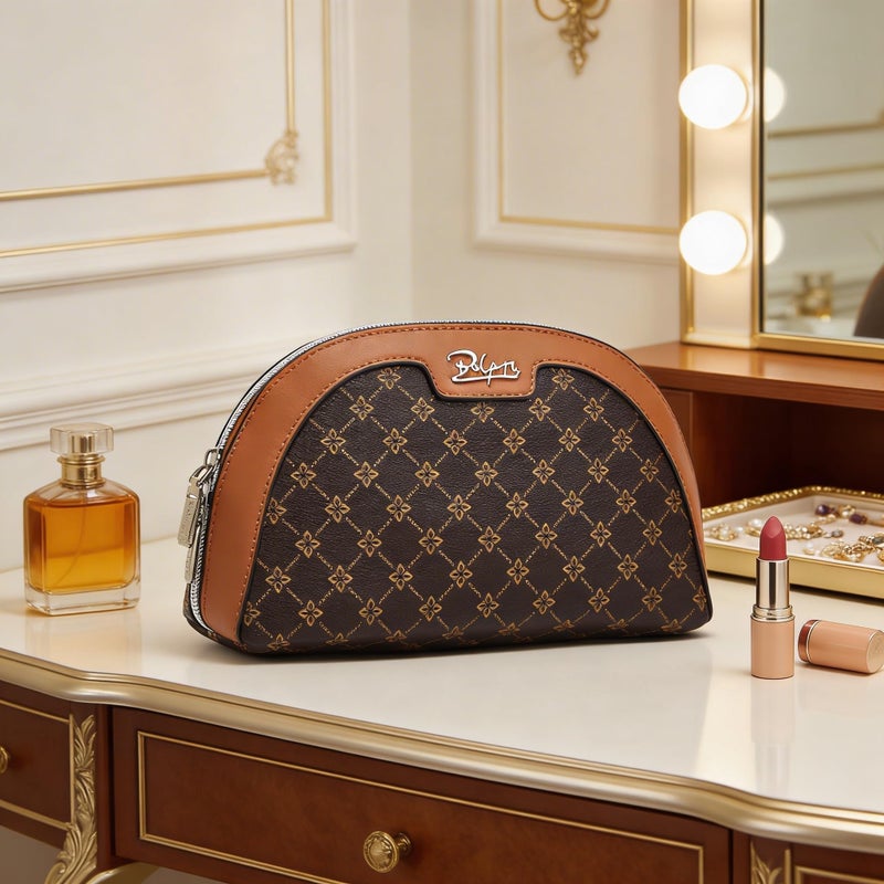 BOYATU Vegan Leather Cosmetic Bag: Refined Pattern Pouch with Built-In Tethered Pull-Out Mirror - Quick Touch-Ups Anywhere - Compact&Lightweight Easy to Carry(010-coffee) - Image 2