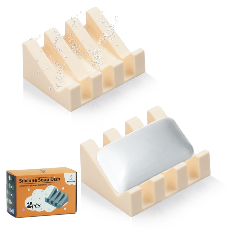 Silicone Soap Dish for Bar Soap Holder for Shower Bathroom Self Draining Waterfall Drying Tray Keep Soap Bars Dry Clean Easy Cleaning Cream White 2