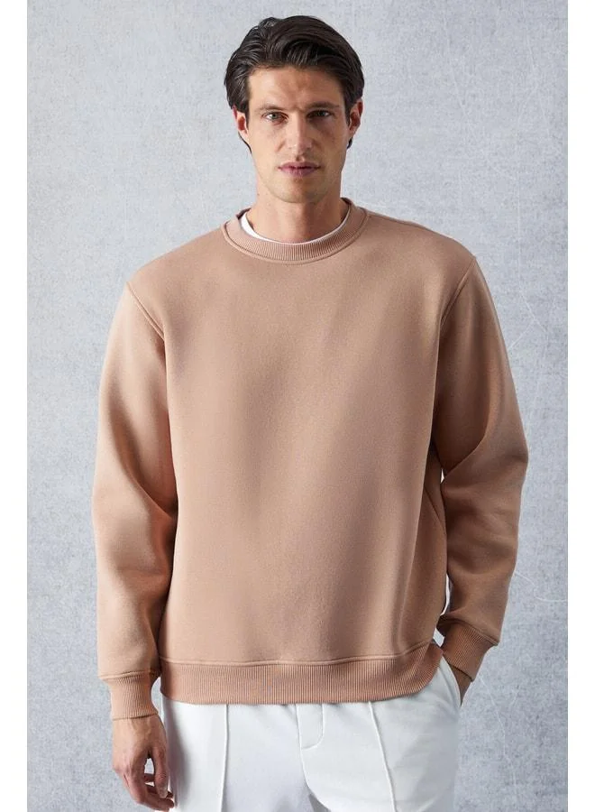 GRIMELANGE TRAVIS Men's Soft Organic Fabric Regular Fit Round Neck Beige Sweatshirt.