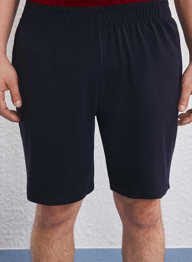 trendyol Claret Red Navy Blue Slim Fit Bird Embroidered Shorts Knitted Pajama Set - Image 3