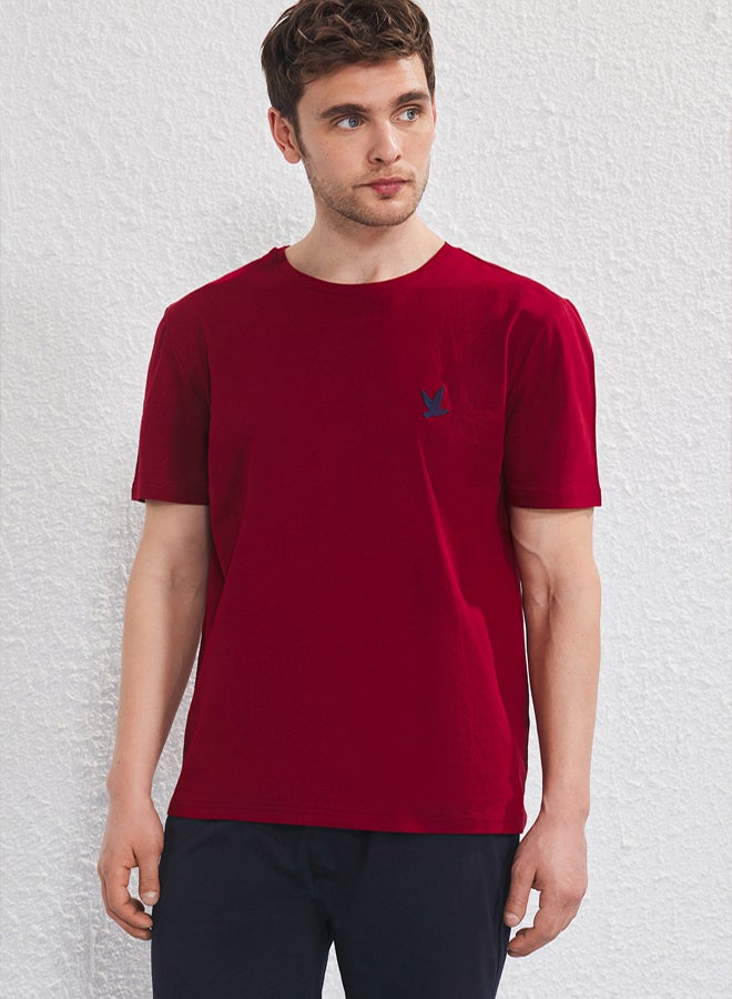 trendyol Claret Red Navy Blue Slim Fit Bird Embroidered Shorts Knitted Pajama Set - Image 1