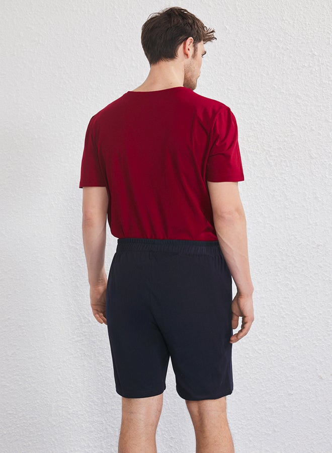 trendyol Claret Red Navy Blue Slim Fit Bird Embroidered Shorts Knitted Pajama Set - Image 4