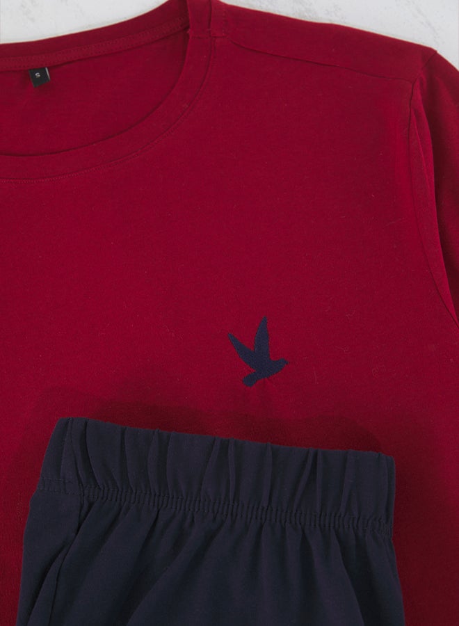 trendyol Claret Red Navy Blue Slim Fit Bird Embroidered Shorts Knitted Pajama Set - Image 5