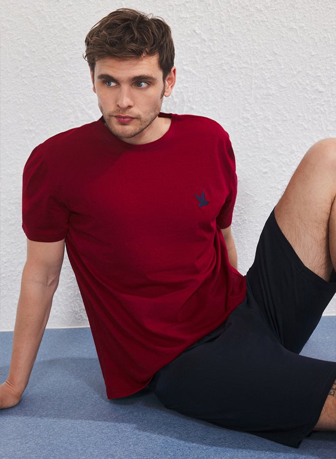 trendyol Claret Red Navy Blue Slim Fit Bird Embroidered Shorts Knitted Pajama Set - Image 2