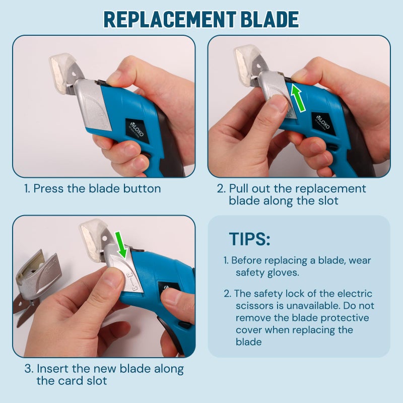 VLOXO Cordless Electric Scissors Electric Box Cutter with 2 Type Blades Rechargeable Cordless Scissors Powerful Shears Cutting Tool Cardboard Cutter for Fabric Cardboard Carpet Leather Felt Blue - Image 5